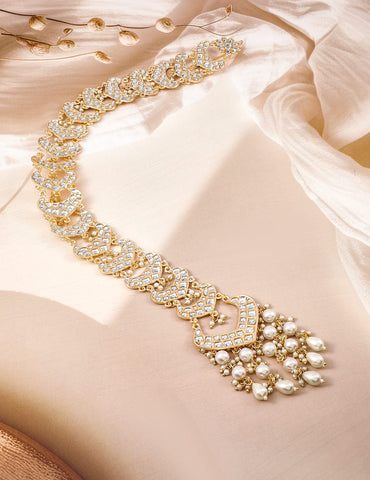 Rubans 22K Gold Plated Kundan Studded Pearl Beaded Hair Choti Braid Jewelry Head Jewellery