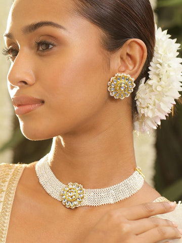 Rubans 22K Gold-Plated Kundan Studded & Pearl Beaded Handcrafted Choker Necklace Set Jewellery Set