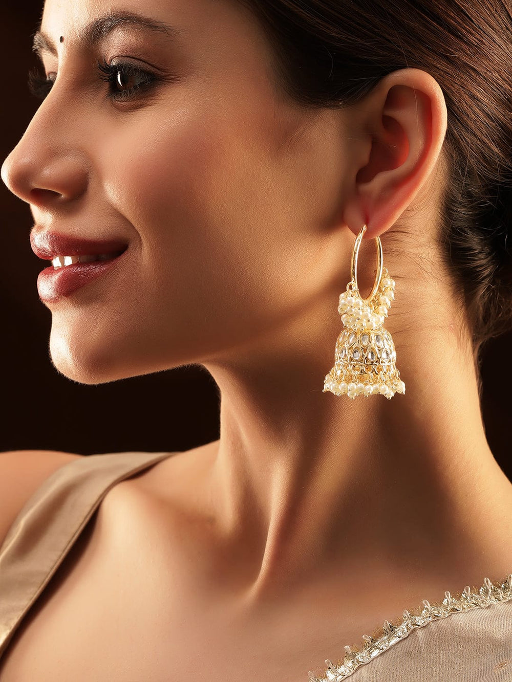 Rubans 22K Gold plated Kundan Studded Pearl Beaded Jhumka Earrings Earrings