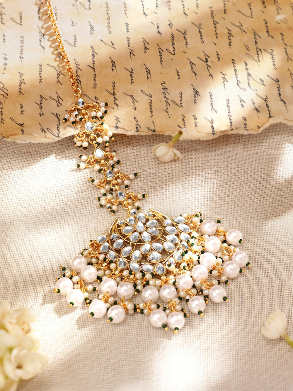 Rubans 22K Gold plated Kundan studded Pearl beaded Statement Maangtika Head Jewellery