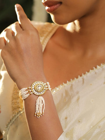 Rubans 22K Gold-Plated Kundan Studded & Pearl Beaded Traditional Bracelet Bangles & Bracelets