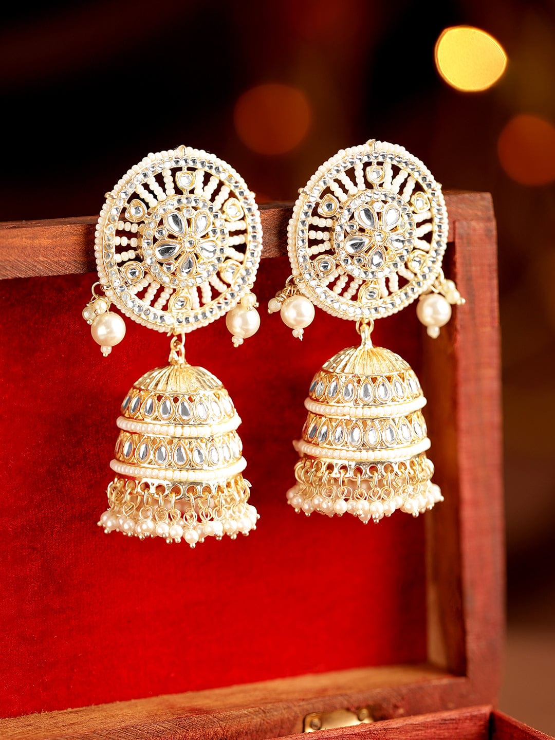 Rubans 22K Gold plated Kundan studded Pearl dangle handcrafted Jhumka Earrings Jhumkas