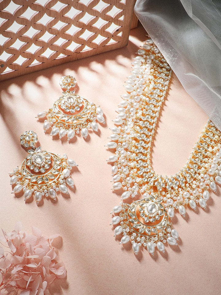 Rubans 22K Gold Plated Kundan Studded Pearl Necklace & Earring Jewellery Set. Necklace Set