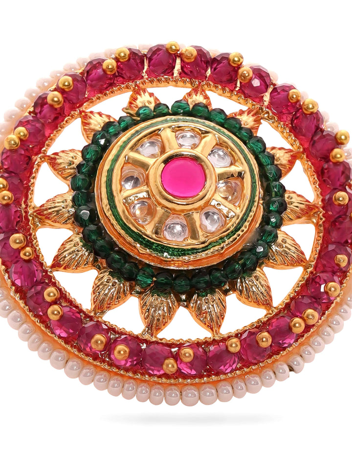 Rubans 22K Gold Plated Kundan Studded Red & Green Crystal with Pearl beaded Handcrafted Adjustable Ring Rings