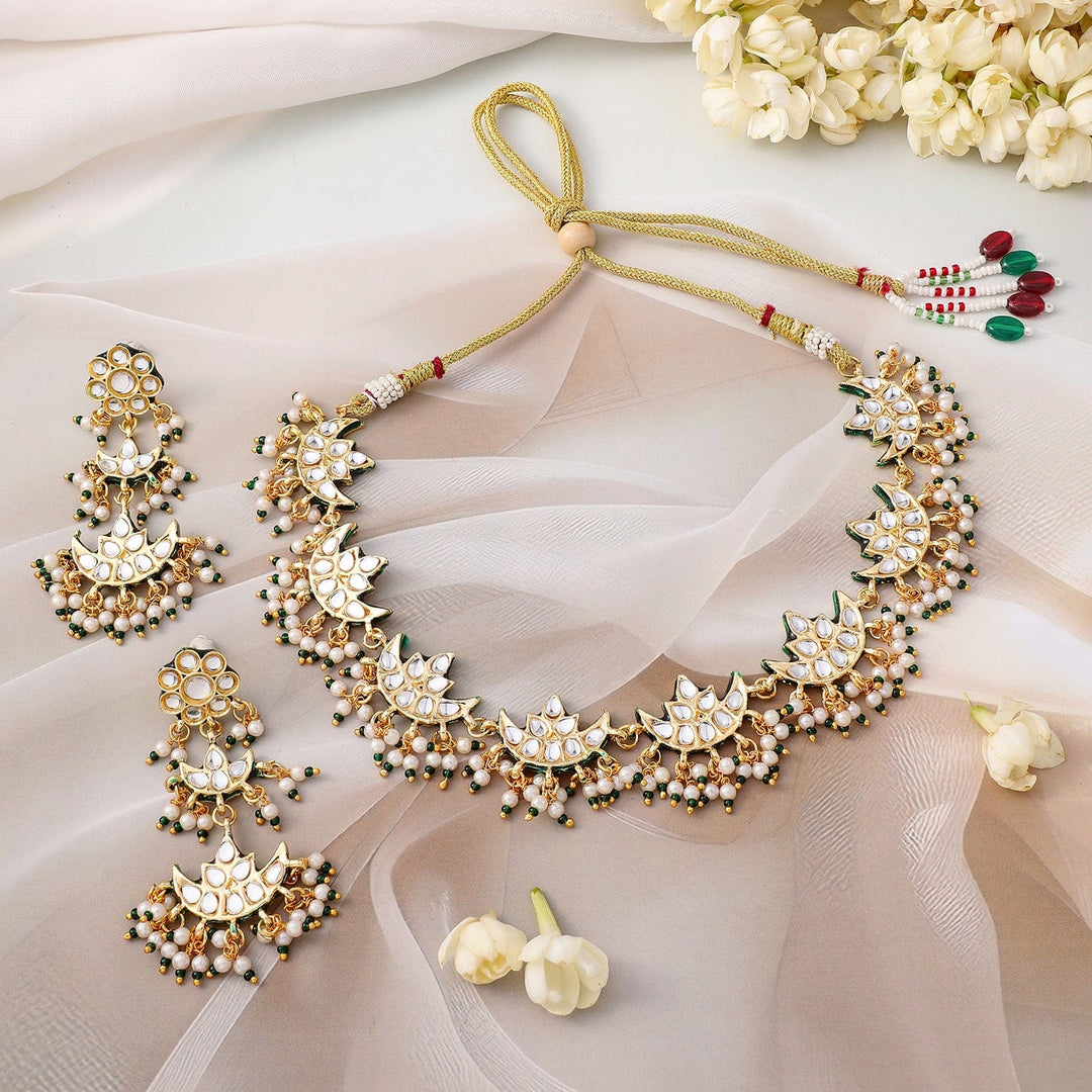 Rubans 22K Gold-Plated Kundan Studed Green Border, Pearl Beaded Crescent Moon Necklace Set Necklace Sets