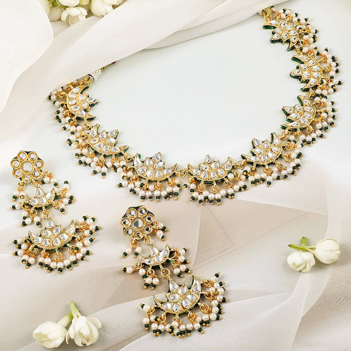 Rubans 22K Gold-Plated Kundan Studed Green Border, Pearl Beaded Crescent Moon Necklace Set Necklace Sets