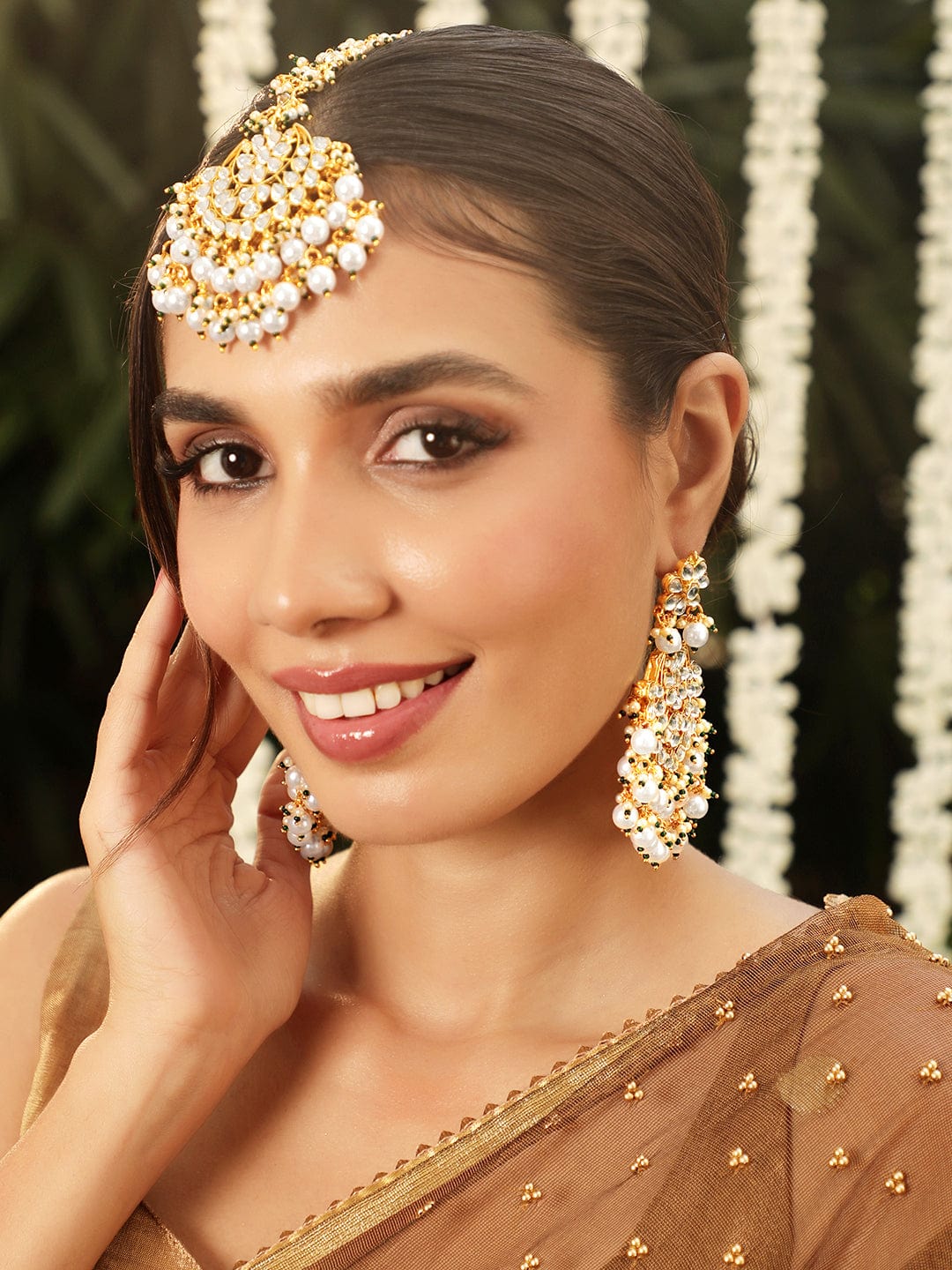 Rubans 22K Gold plated Kundan with pearl beaded Chandbali Statement Earrings and maang tika set Earrings & mangtika Combo