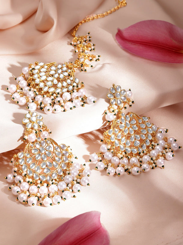 Rubans 22K Gold plated Kundan with pearl beaded Chandbali Statement Earrings and maang tika set Earrings & mangtika Combo