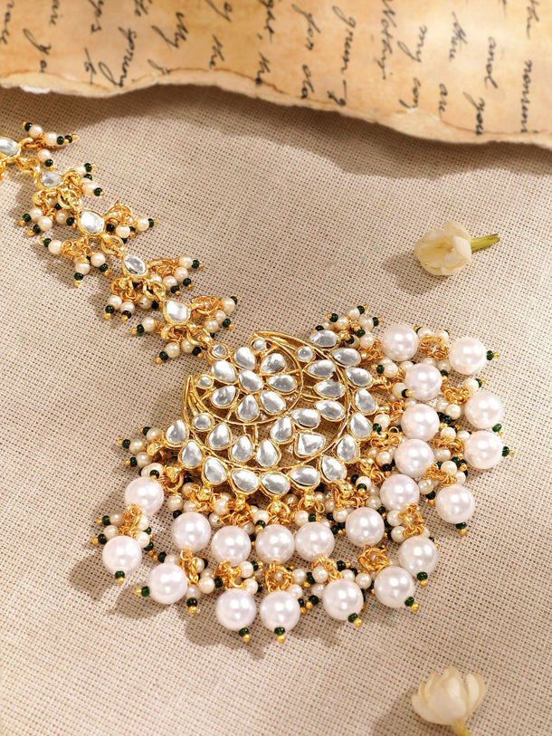Rubans 22K Gold plated Kundan with pearl beaded Chandbali Statement Earrings and maang tika set Earrings & mangtika Combo