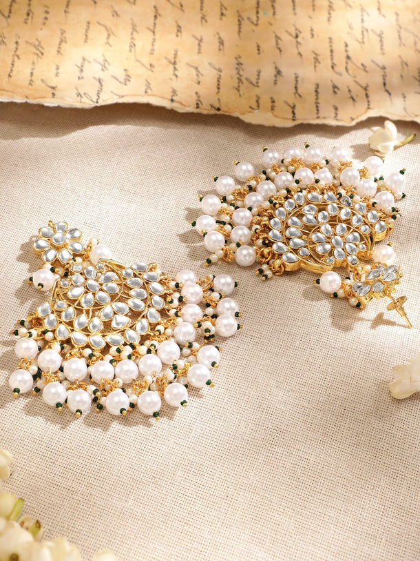 Rubans 22K Gold plated Kundan with pearl beaded Chandbali Statement Earrings and maang tika set Earrings & mangtika Combo