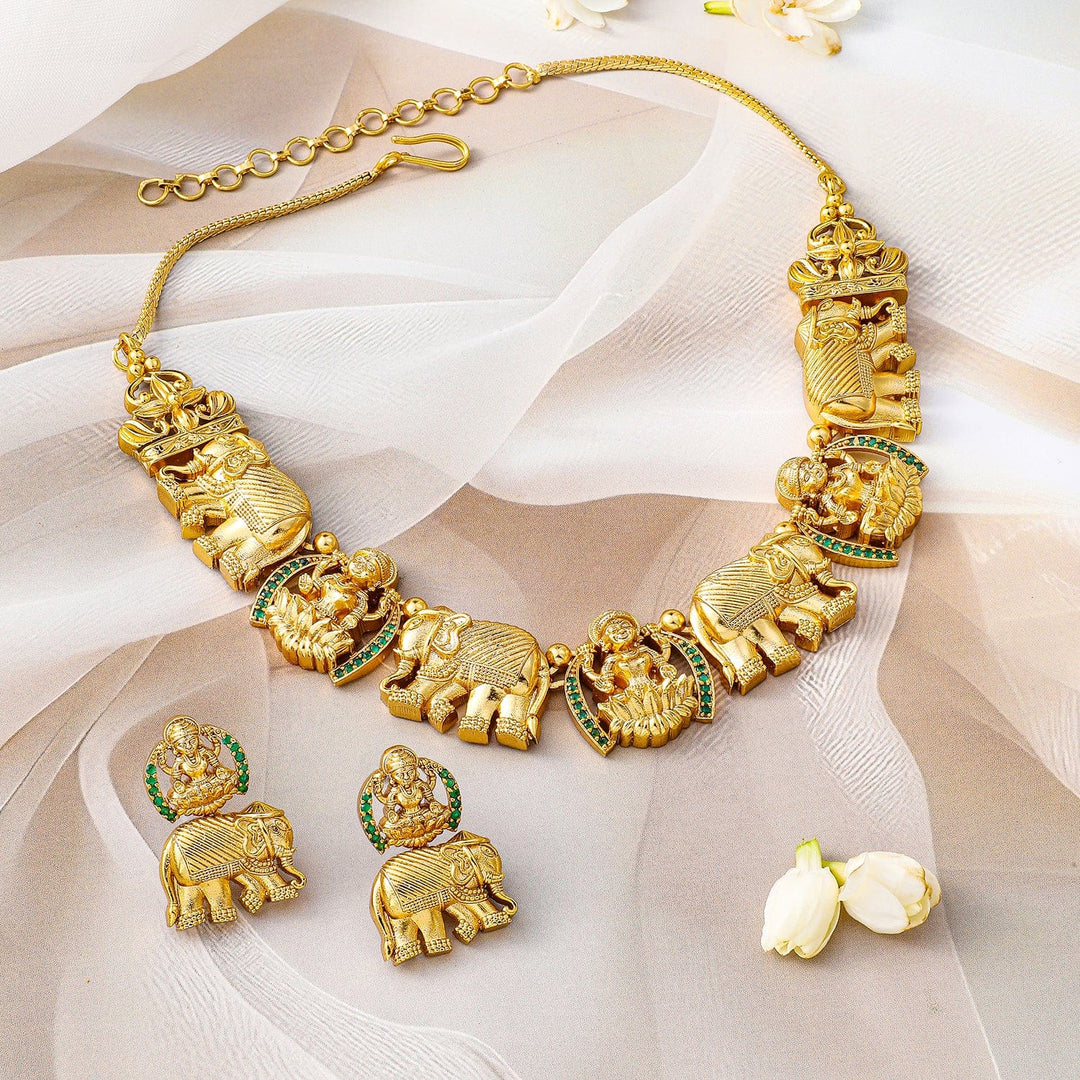 Rubans 22K Gold-Plated Lakshmi & Elephant Motifs Temple Jewellery Set with Green Accents Necklace Set