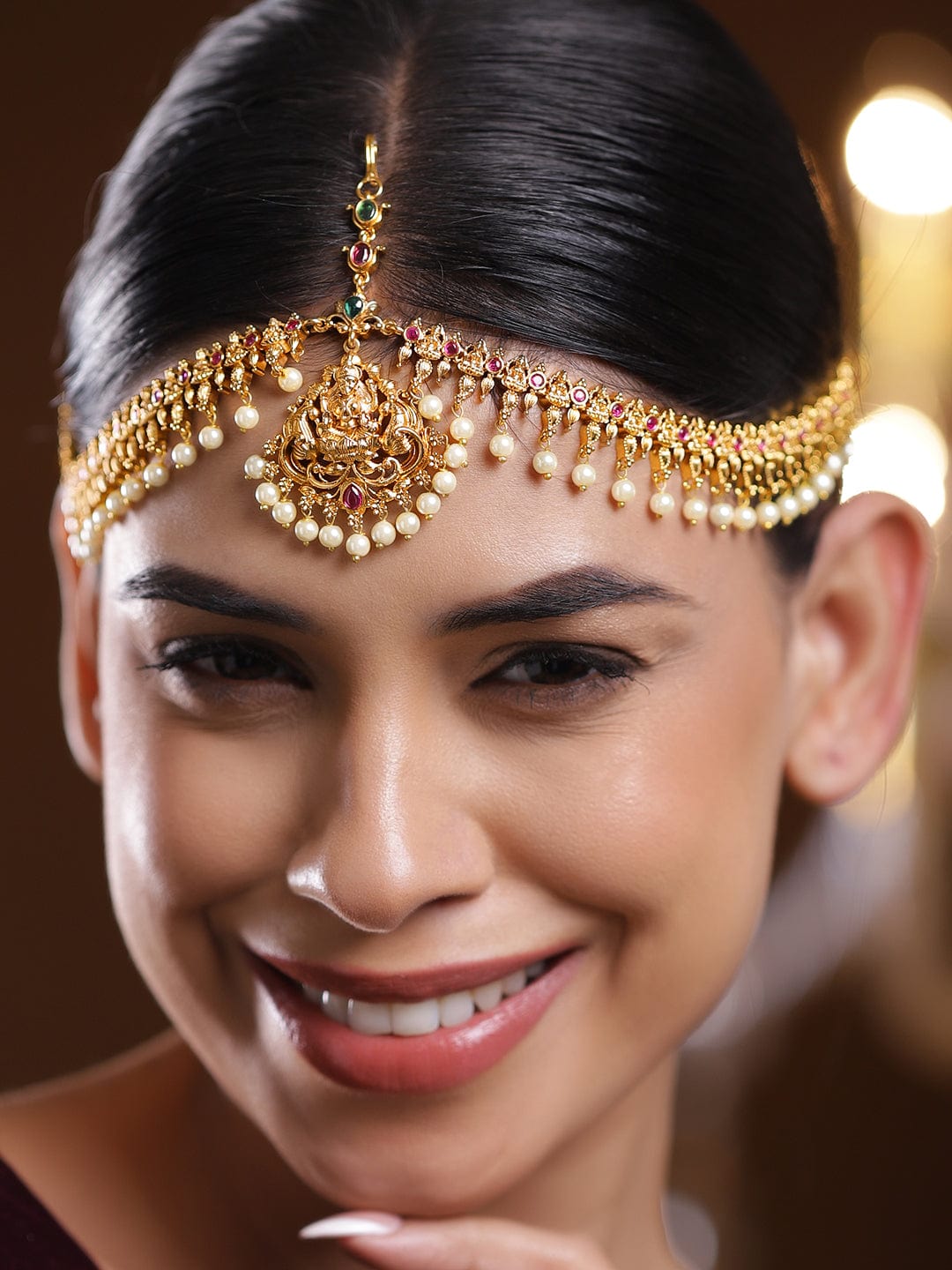 Rubans 22K Gold-Plated Lakshmi Motif Ruby Red & Emerald Green Stone & Pearl Beaded Traditional Bridal Matha Patti Head Jewellery