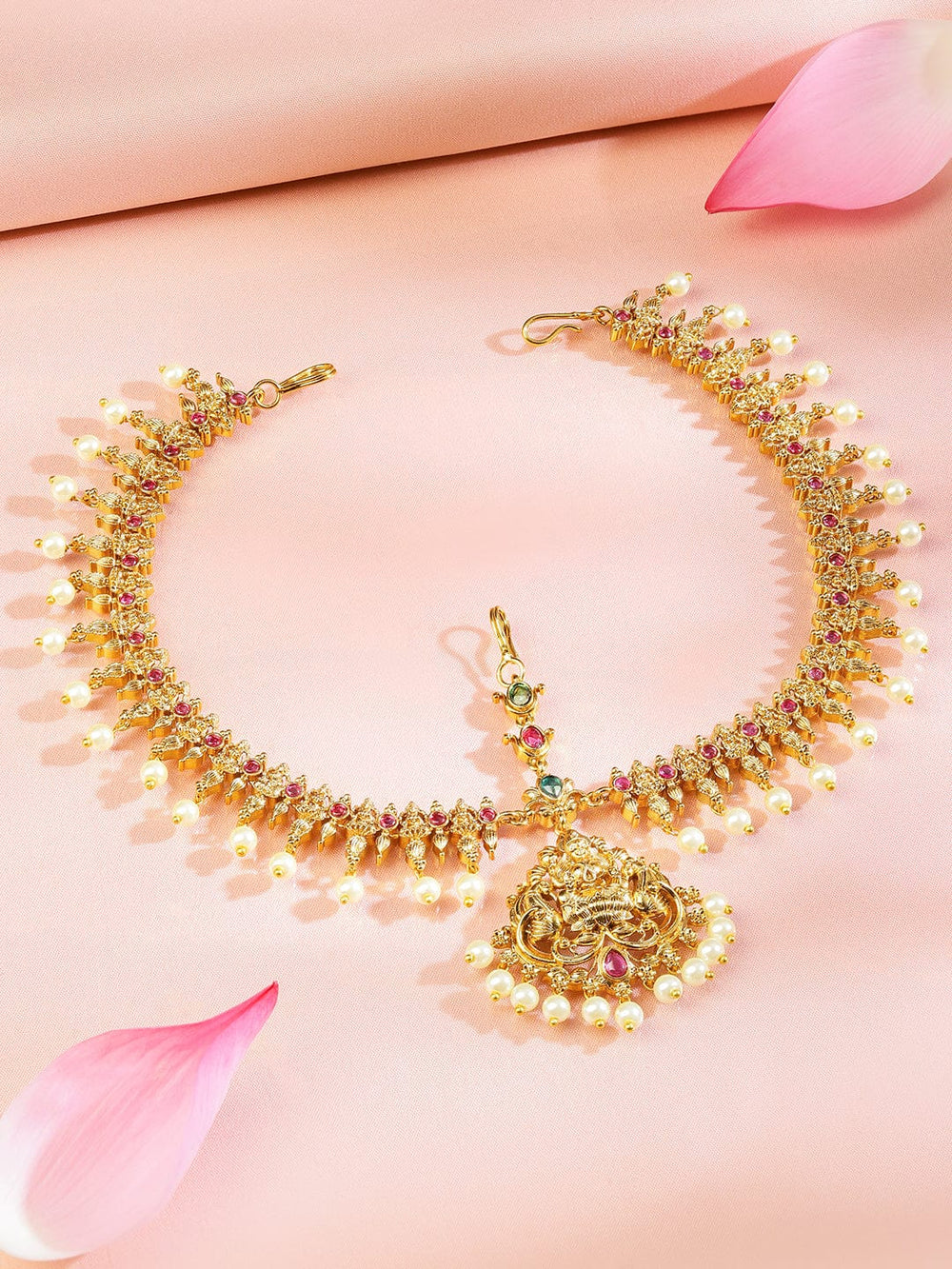 Rubans 22K Gold-Plated Lakshmi Motif Ruby Red & Emerald Green Stone & Pearl Beaded Traditional Bridal Matha Patti Head Jewellery