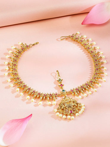 Rubans 22K Gold-Plated Lakshmi Motif Ruby Red & Emerald Green Stone & Pearl Beaded Traditional Bridal Matha Patti Head Jewellery