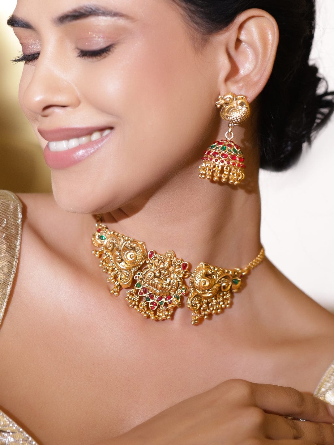 Rubans 22K Gold-Plated Lakshmi Motif Temple Choker Necklace Set with Red & Green Stones and Golden Beads Jewellery Set