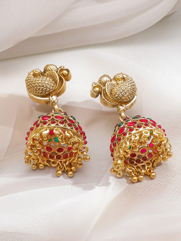 Rubans 22K Gold-Plated Lakshmi Motif Temple Choker Necklace Set with Red & Green Stones and Golden Beads Jewellery Set