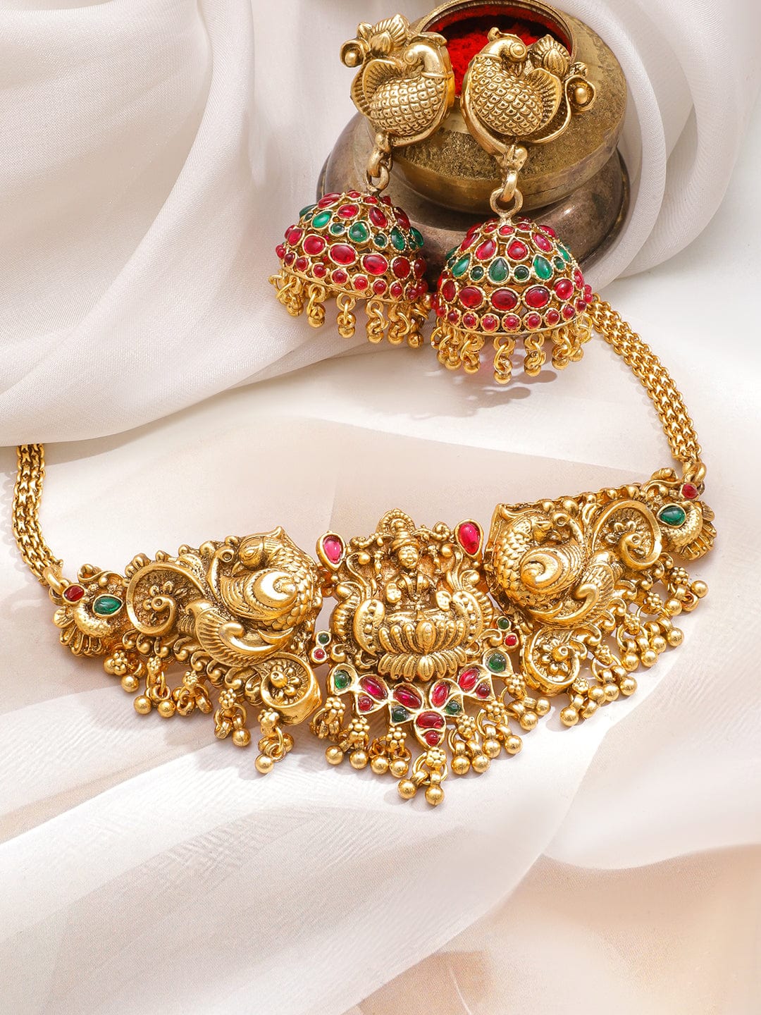 Rubans 22K Gold-Plated Lakshmi Motif Temple Choker Necklace Set with Red & Green Stones and Golden Beads Necklace Set