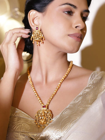 Rubans 22K Gold-Plated Lakshmi Motif Temple Jewellery Set with Ruby Red Stones & Bead Detailing Jewellery Set