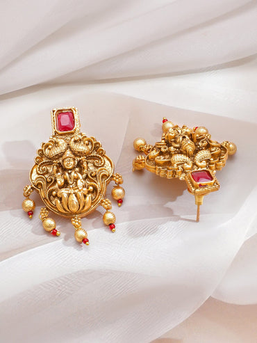 Rubans 22K Gold-Plated Lakshmi Motif Temple Jewellery Set with Ruby Red Stones & Bead Detailing Jewellery Set
