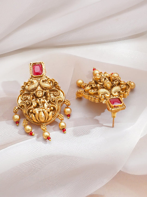 Rubans 22K Gold-Plated Lakshmi Motif Temple Jewellery Set with Ruby Red Stones & Bead Detailing Jewellery Set