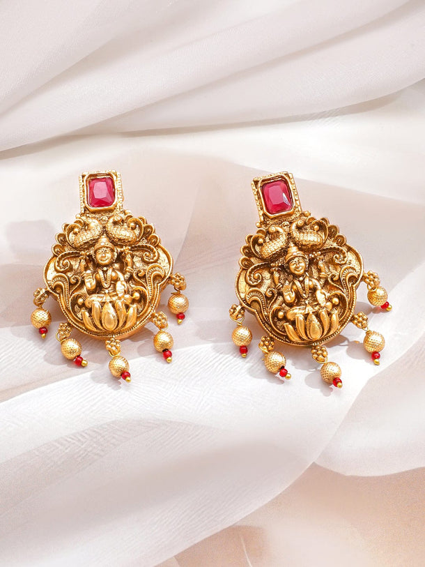 Rubans 22K Gold-Plated Lakshmi Motif Temple Jewellery Set with Ruby Red Stones & Bead Detailing Jewellery Set
