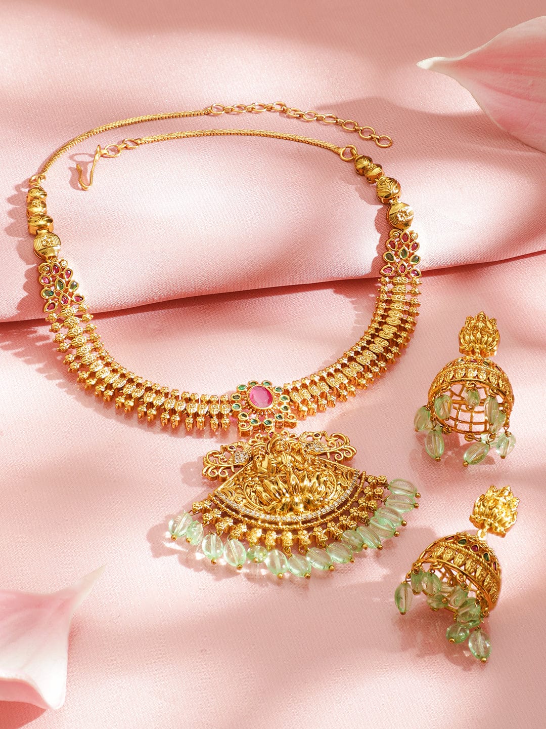 Rubans 22K Gold-Plated Lakshmi Temple Jewellery Set with Ruby Red Stone & Green Pearls Beads Drops Jewellery Set