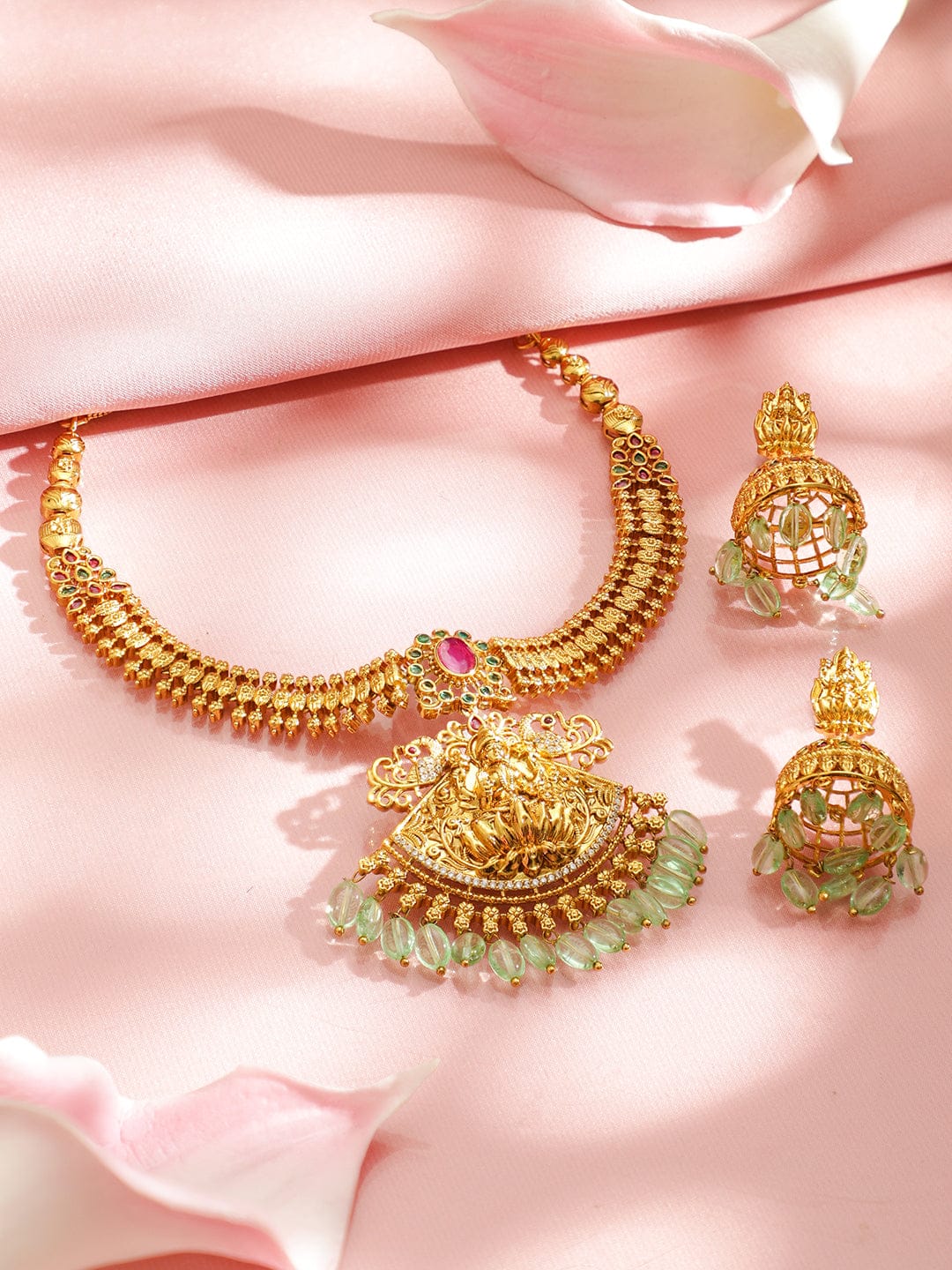 Rubans 22K Gold-Plated Lakshmi Temple Jewellery Set with Ruby Red Stone & Green Pearls Beads Drops Jewellery Set