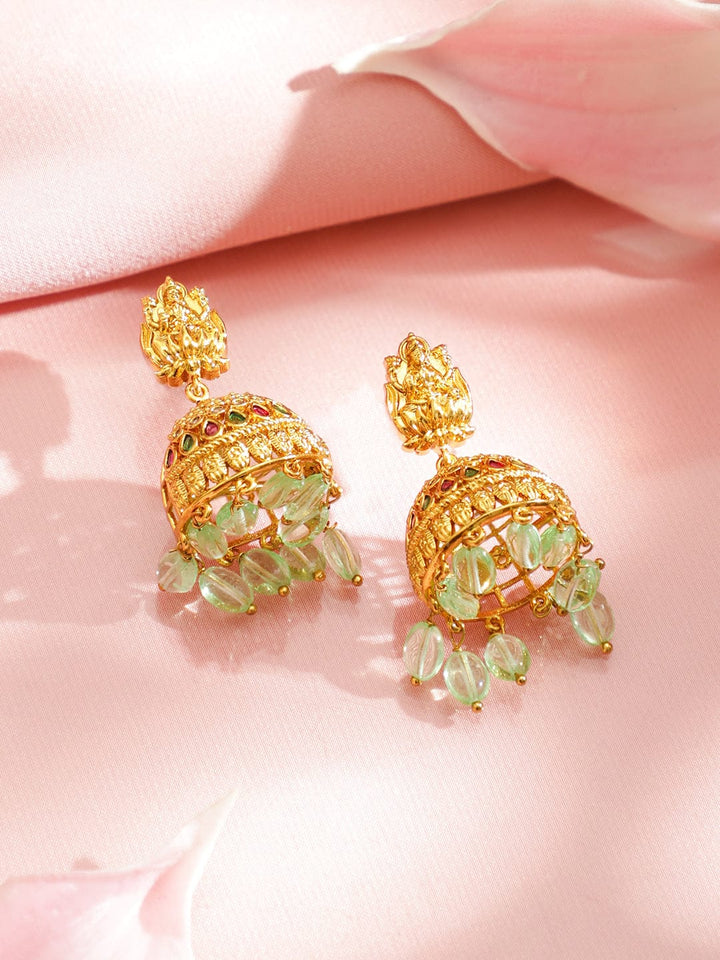 Rubans 22K Gold-Plated Lakshmi Temple Jewellery Set with Ruby Red Stone & Green Pearls Beads Drops Jewellery Set