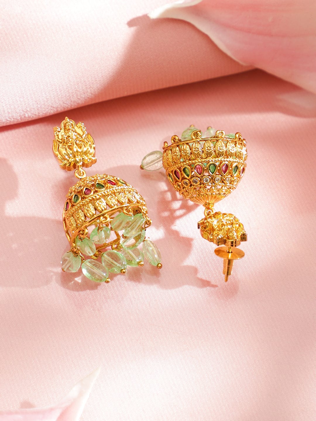 Rubans 22K Gold-Plated Lakshmi Temple Jewellery Set with Ruby Red Stone & Green Pearls Beads Drops Jewellery Set