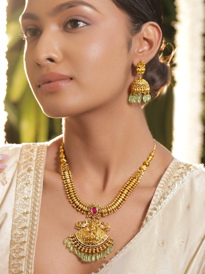 Rubans 22K Gold-Plated Lakshmi Temple Jewellery Set with Ruby Red Stone & Green Pearls Beads Drops Necklace Set