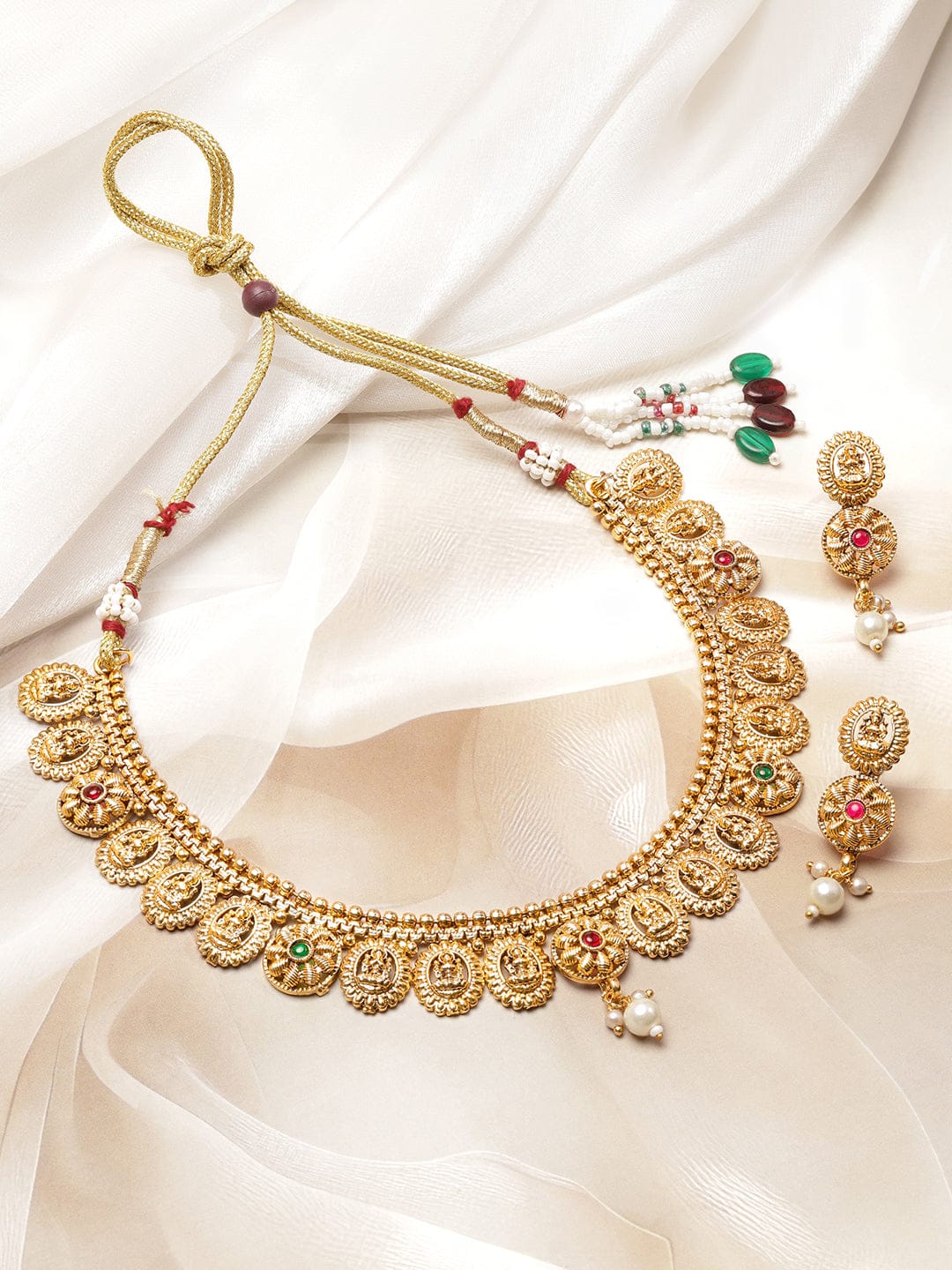 Rubans 22K Gold-Plated Lakshmi Temple Necklace Set with Ruby Pink & Emerald Stones, Golden Beaded Detailing and Pearl Drops Jewellery Set
