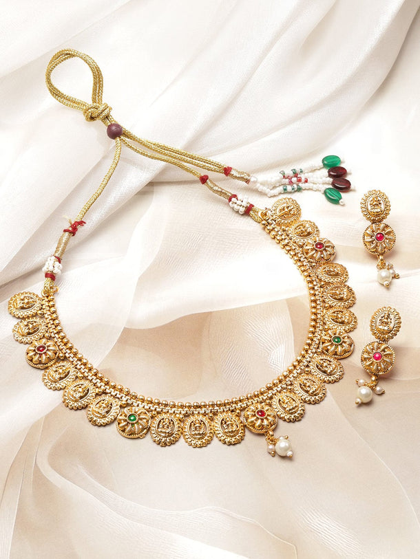 Rubans 22K Gold-Plated Lakshmi Temple Necklace Set with Ruby Pink & Emerald Stones, Golden Beaded Detailing and Pearl Drops Jewellery Set