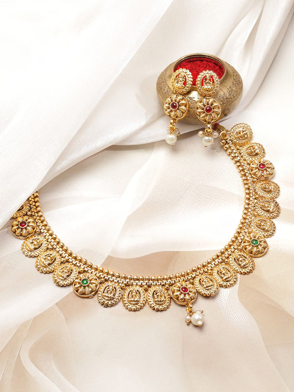 Rubans 22K Gold-Plated Lakshmi Temple Necklace Set with Ruby Pink & Emerald Stones, Golden Beaded Detailing and Pearl Drops Jewellery Set