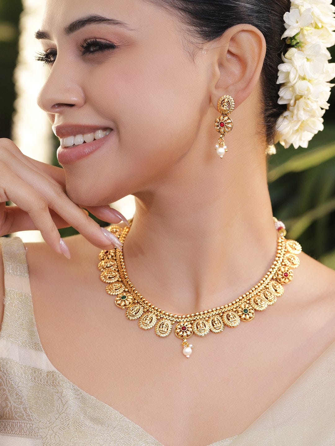 Rubans 22K Gold-Plated Lakshmi Temple Necklace Set with Ruby Pink & Emerald Stones, Golden Beaded Detailing and Pearl Drops Jewellery Set