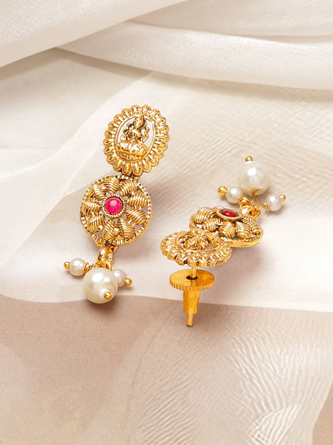 Rubans 22K Gold-Plated Lakshmi Temple Necklace Set with Ruby Pink & Emerald Stones, Golden Beaded Detailing and Pearl Drops Jewellery Set