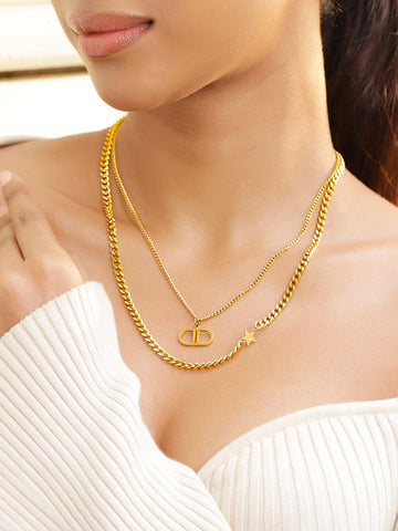 Rubans 22K Gold Plated Layered Chain Necklace with Star & Initial Pendant Necklace and Chains
