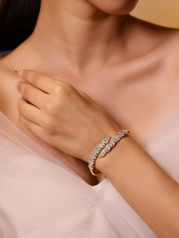Rubans 22K Gold-Plated Leaf Motif Openable Bracelet with Cubic Zirconia Bangles & Bracelet