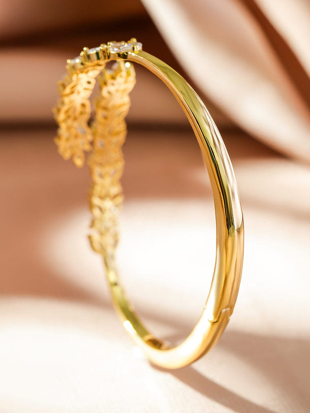 Rubans 22K Gold-Plated Leaf Motif Openable Bracelet with Cubic Zirconia Wristwear