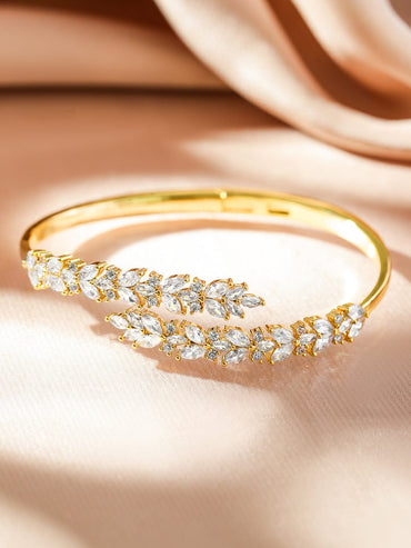 Rubans 22K Gold-Plated Leaf Motif Openable Bracelet with Cubic Zirconia Wristwear