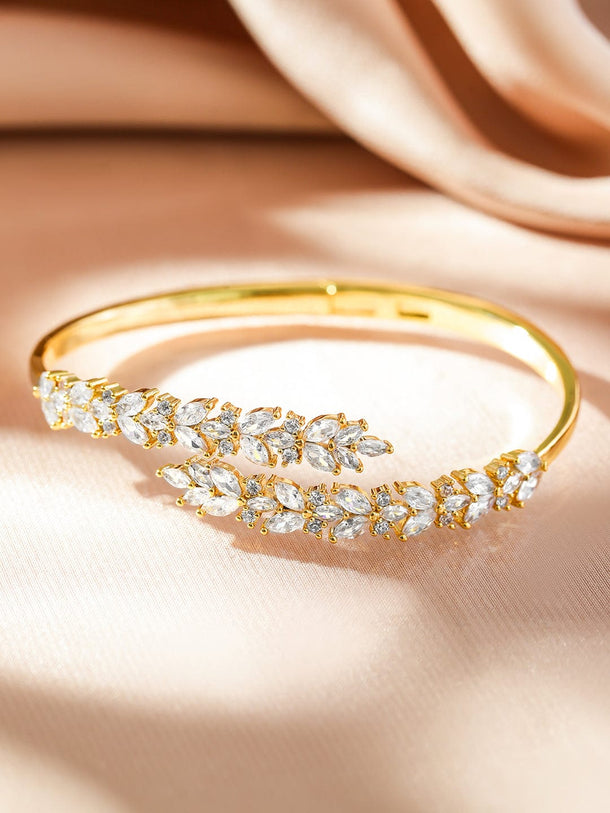 Rubans 22K Gold-Plated Leaf Motif Openable Bracelet with Cubic Zirconia Wristwear