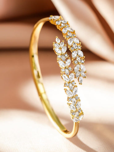 Rubans 22K Gold-Plated Leaf Motif Openable Bracelet with Cubic Zirconia Wristwear
