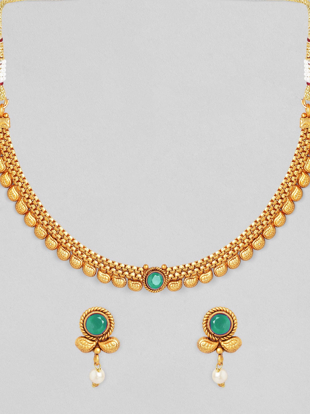 Rubans 22K Gold-Plated Light Emerald Green Stone & Pearl Beaded Traditional Necklace Set Necklace Set