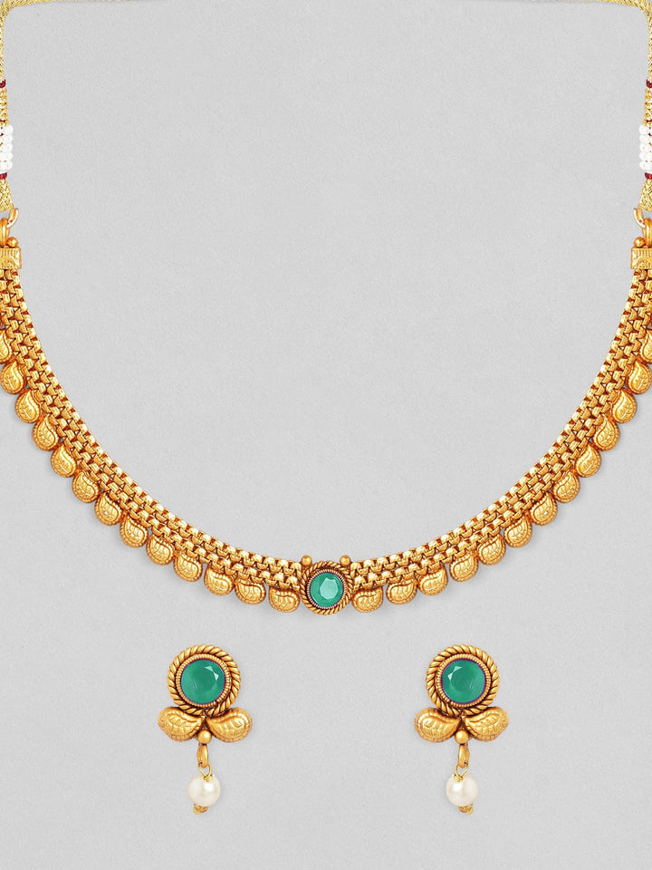 Rubans 22K Gold-Plated Light Emerald Green Stone & Pearl Beaded Traditional Necklace Set Necklace Set