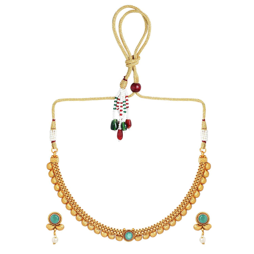 Rubans 22K Gold-Plated Light Emerald Green Stone & Pearl Beaded Traditional Necklace Set Necklace Set