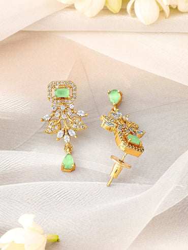 Rubans 22K Gold-Plated Light Green & Cubic Zirconia Studded Necklace Set with Pearl Drops Jewellery Set