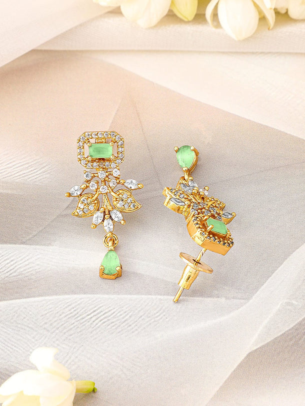 Rubans 22K Gold-Plated Light Green & Cubic Zirconia Studded Necklace Set with Pearl Drops Jewellery Set