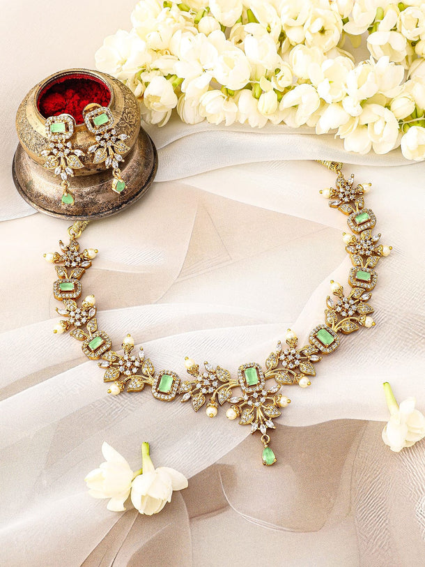Rubans 22K Gold-Plated Light Green & Cubic Zirconia Studded Necklace Set with Pearl Drops Jewellery Set