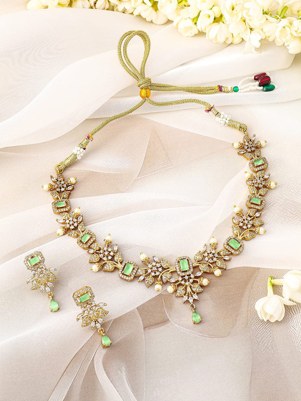 Rubans 22K Gold-Plated Light Green & Cubic Zirconia Studded Necklace Set with Pearl Drops Jewellery Set