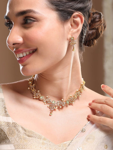 Rubans 22K Gold-Plated Light Green & Cubic Zirconia Studded Necklace Set with Pearl Drops Necklace Sets