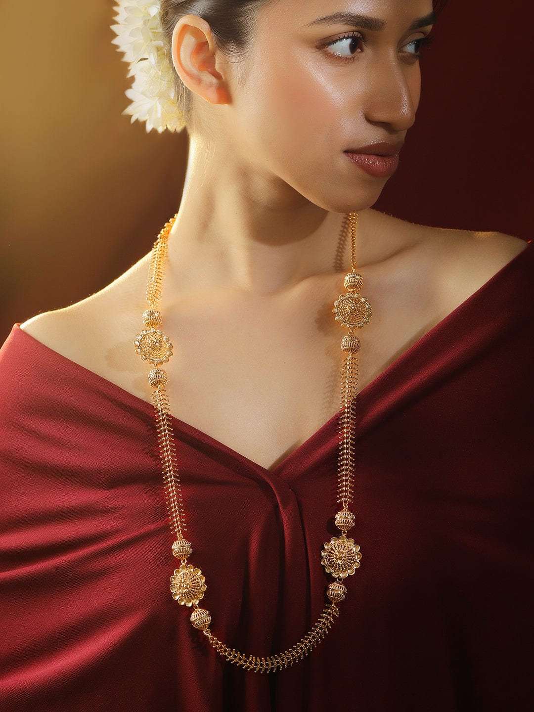 Rubans 22K Gold-Plated Long Floral Pendant Golden Beaded Necklace for Women Necklace and Chains